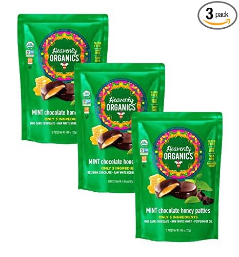 Heavenly Organics Mint Chocolate Honey Patties, (3 Bags) Made with 100% Organic Cocoa and 100% Organic Raw White Honey; Non-GMO, Fair Trade, Kosher, Dairy & Gluten Free, No Sugar Added