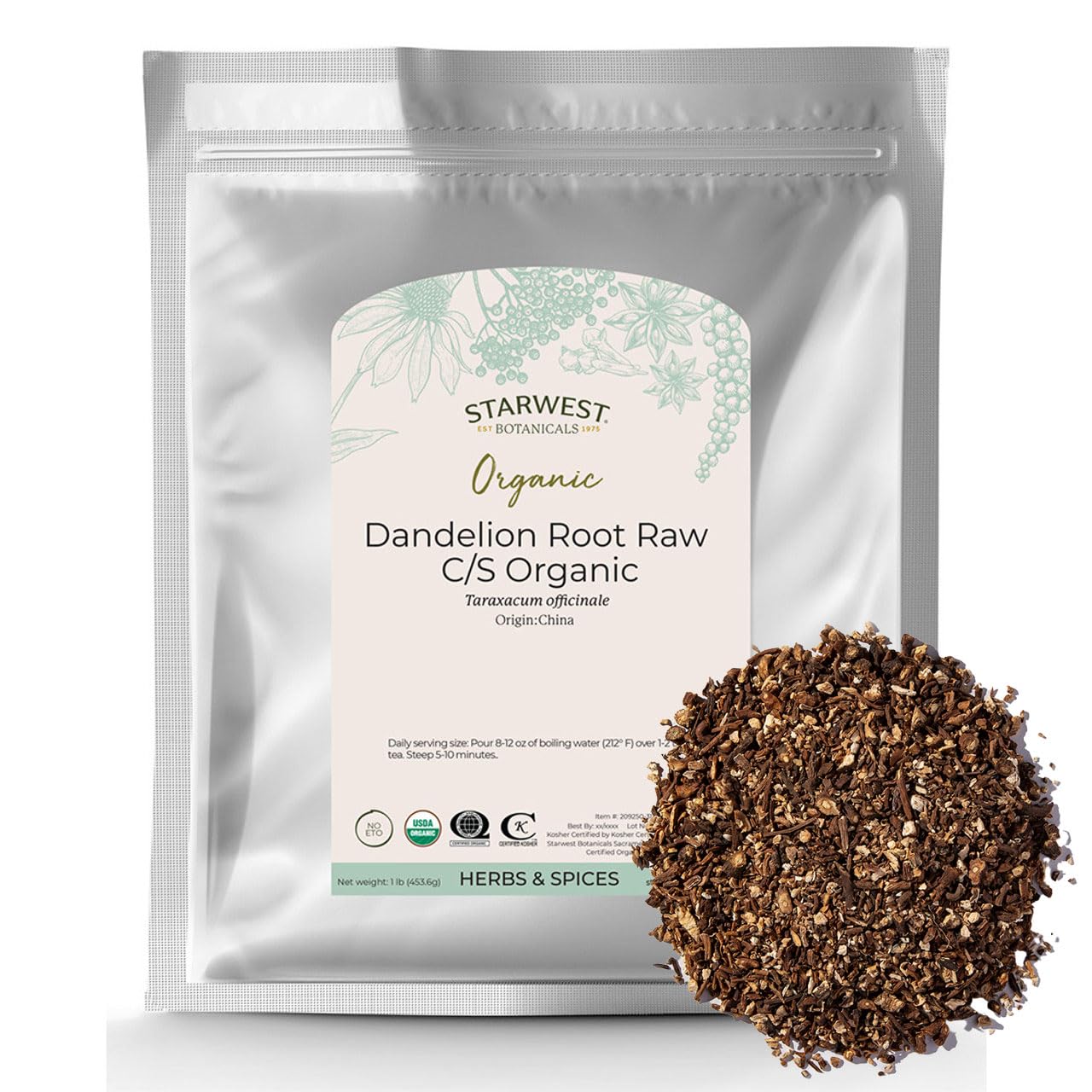 Starwest Botanicals Organic Raw Dandelion Root Tea [1 Pound] Bulk Cut & Sifted (C/S) Loose Tea