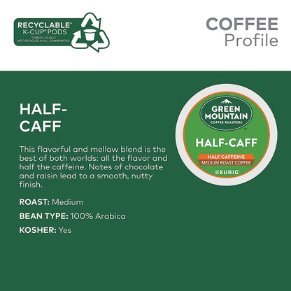 Green Mountain Coffee Roasters Half Caff, Single-Serve Keurig K-Cup Pods, Medium Roast Coffee, 24 Count