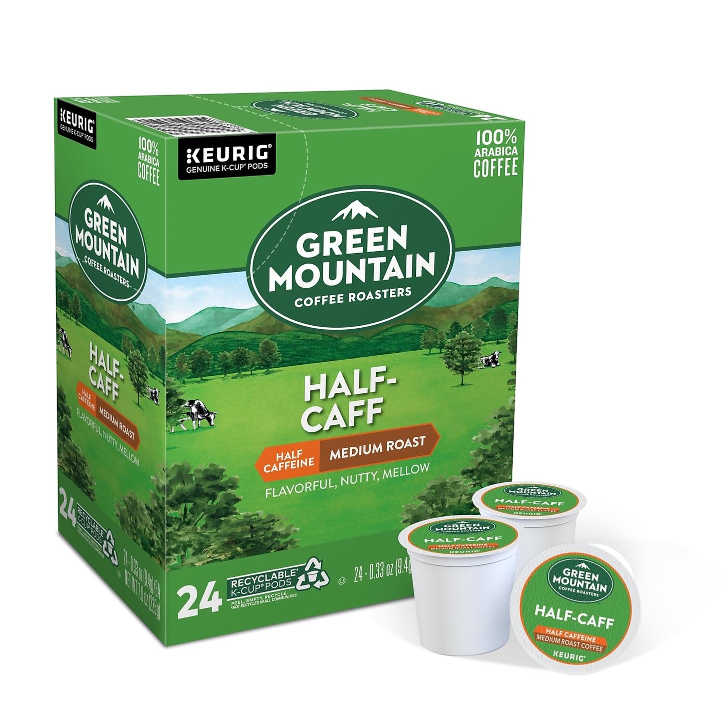 Green Mountain Coffee Roasters Half Caff, Single-Serve Keurig K-Cup Pods, Medium Roast Coffee, 24 Count