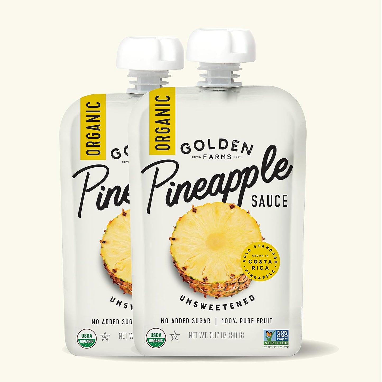 Golden Farms Pineapple Pouches, Single Ingredient Healthy Snacks (Pack of 12), 100% Pure Fruit, No Added Sugar, Vegan, Gluten-Free, Kosher, Organic Squeeze Pouch 3.17oz Each