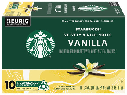 Starbucks Flavored Coffee K-Cup Pods, Vanilla Flavored Coffee, Made without Artificial Flavors, Keurig Genuine K-Cup Pods, 10 CT K-Cups/Box (Pack of 1 Box)